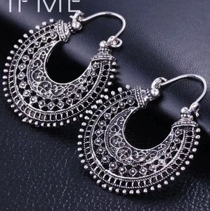 Gypsy Bohemian Vintage Silver Color Hoops Earrings
